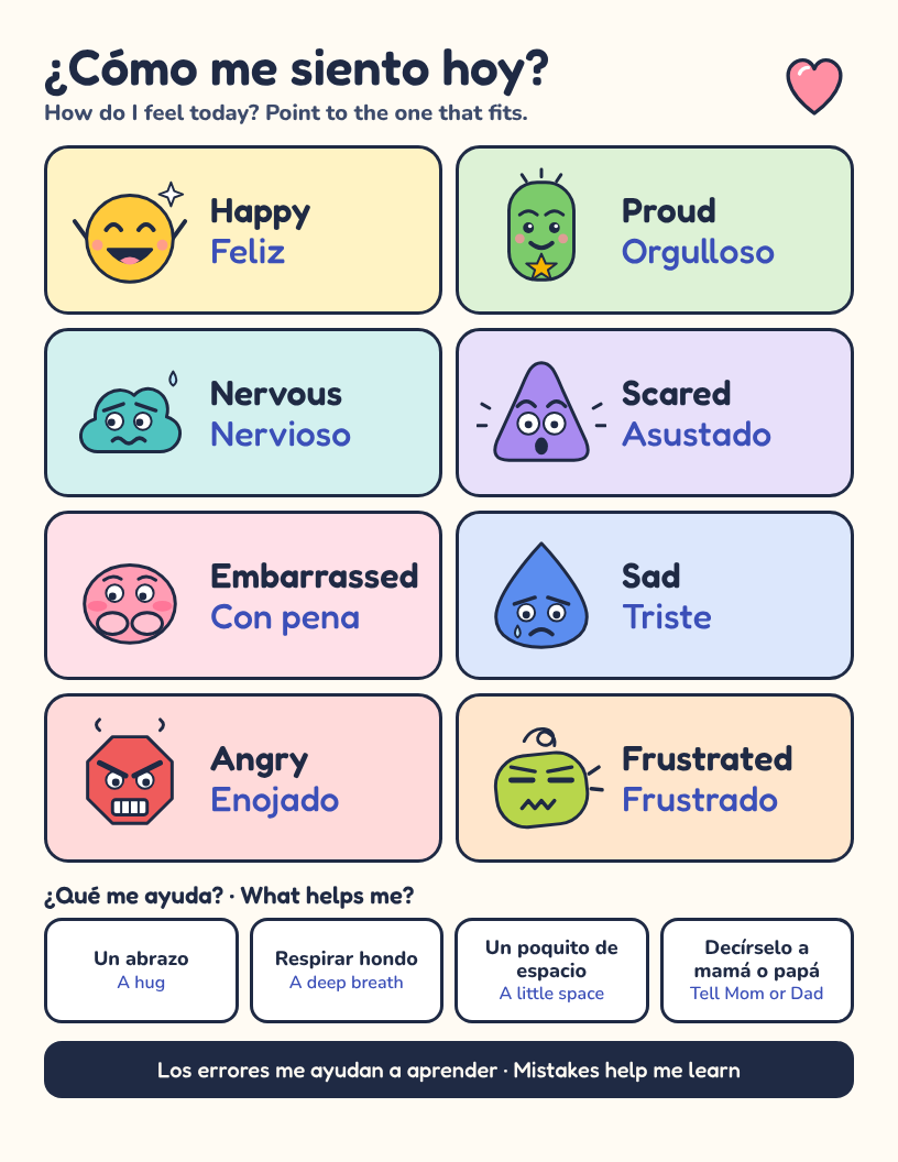 Printable feelings chart for kids with eight original characters, each labeled with a feeling in English and Spanish